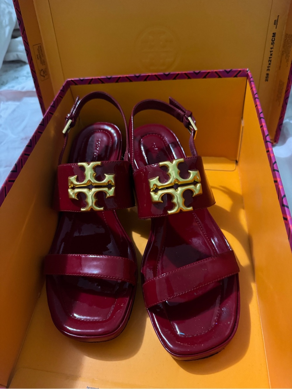 Tory Burch Patent Burgundy Slingback Sandals with Gold Logo
